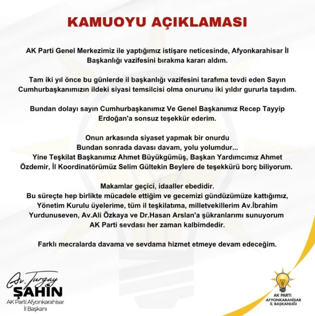 AK Parti Afyonkarahisarda iki istifa birden